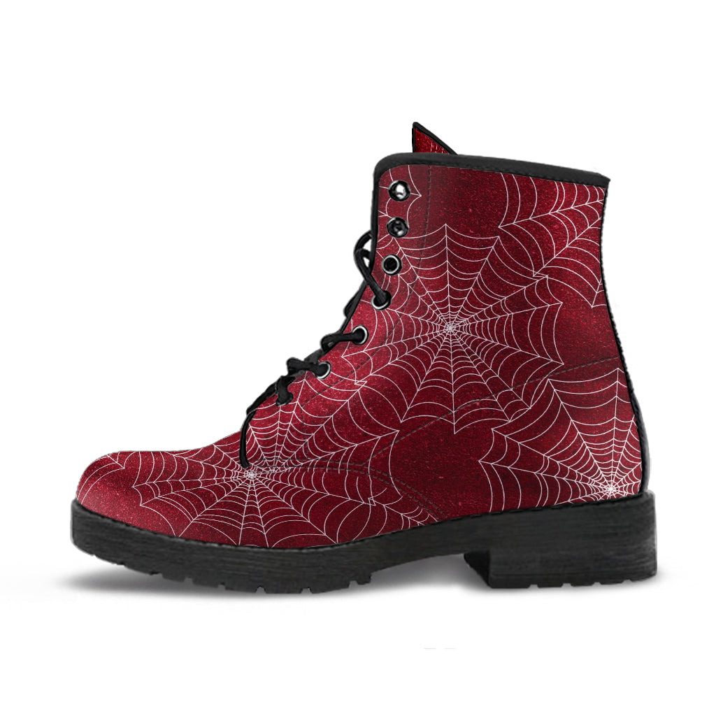 Combat Boots - Goth Shoes #72 Red Spiderweb Boots | Vegan