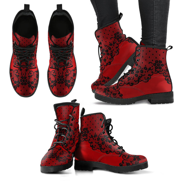 Combat Boots - Gothic Lace Print #102 Red | Custom Shoes