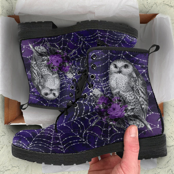 Combat Boots - Gothic Spiderweb Owls Handmade Lace Up Boots