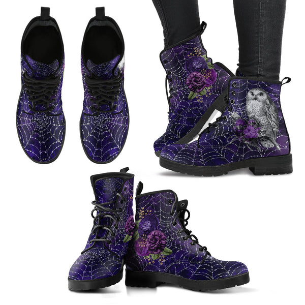 Combat Boots - Gothic Spiderweb Owls Handmade Lace Up Boots