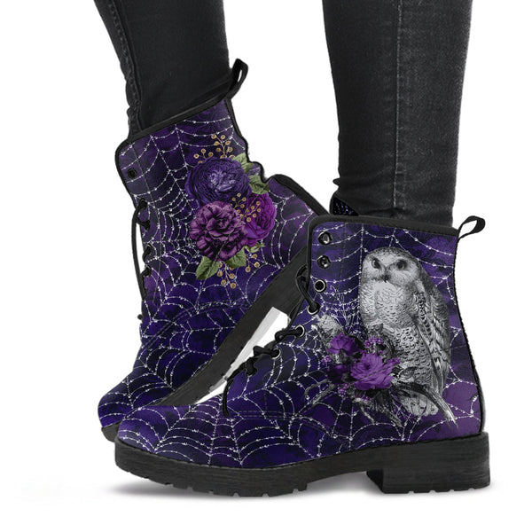 Combat Boots - Gothic Spiderweb Owls Handmade Lace Up Boots