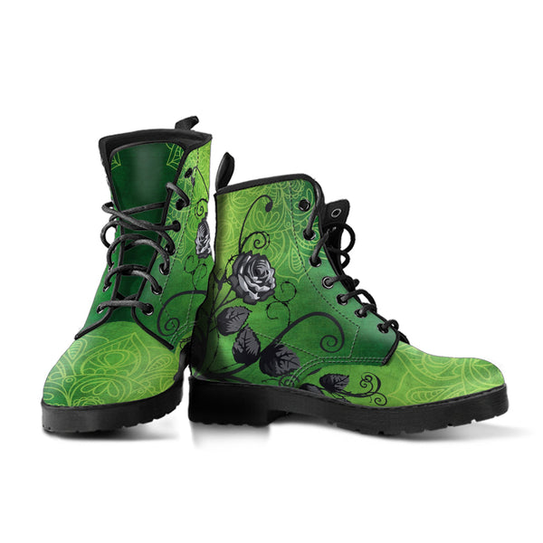 Combat Boots - Gray Roses Green Mandala Green Boots