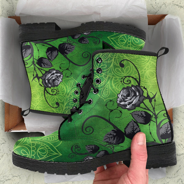 Combat Boots - Gray Roses Green Mandala Green Boots