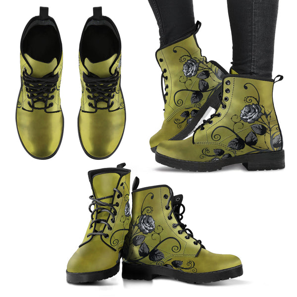Combat Boots - Gray Roses Smoky Green Grunge | Cruelty-free