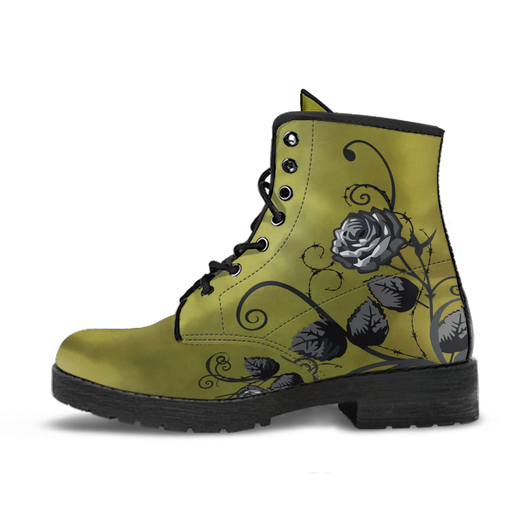 Combat Boots - Gray Roses Smoky Green Grunge | Cruelty-free