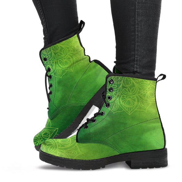 Combat Boots - Green Mandala | Boho Shoes Handmade Lace Up