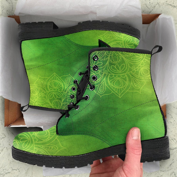 Combat Boots - Green Mandala | Boho Shoes Handmade Lace Up