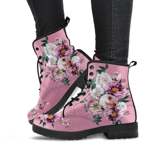 Combat Boots - Pink & White Flowers (Pink) | Blush Pink
