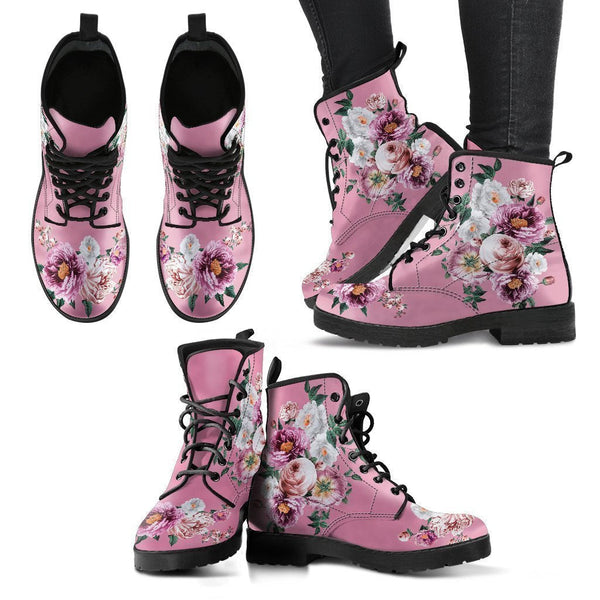 Combat Boots - Pink & White Flowers (Pink) | Blush Pink