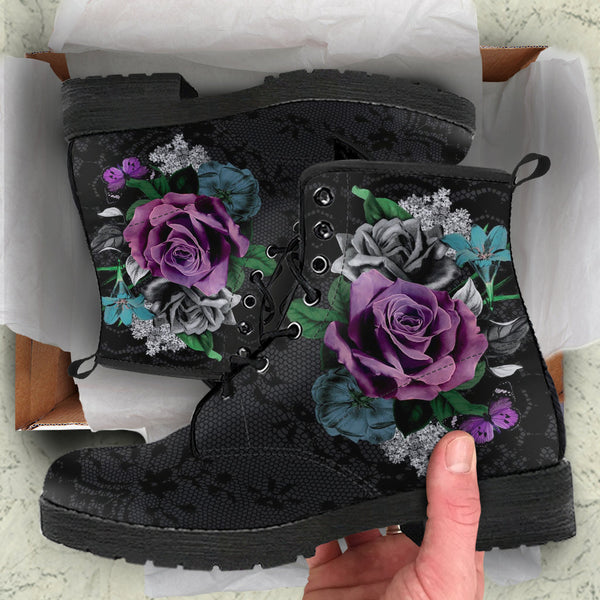 Combat Boots - Vintage Purple Flowers with Black Lace Print
