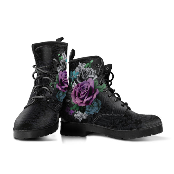Combat Boots - Vintage Purple Flowers with Black Lace Print