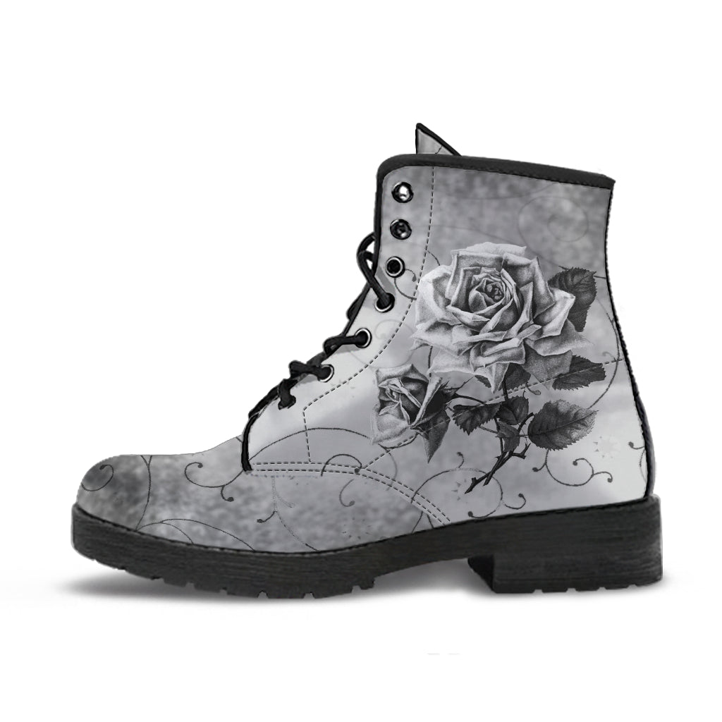 Combat Boots - Vintage Style Black & White Roses | Vegan