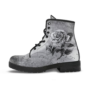 Combat Boots - Vintage Style Black & White Roses | Vegan