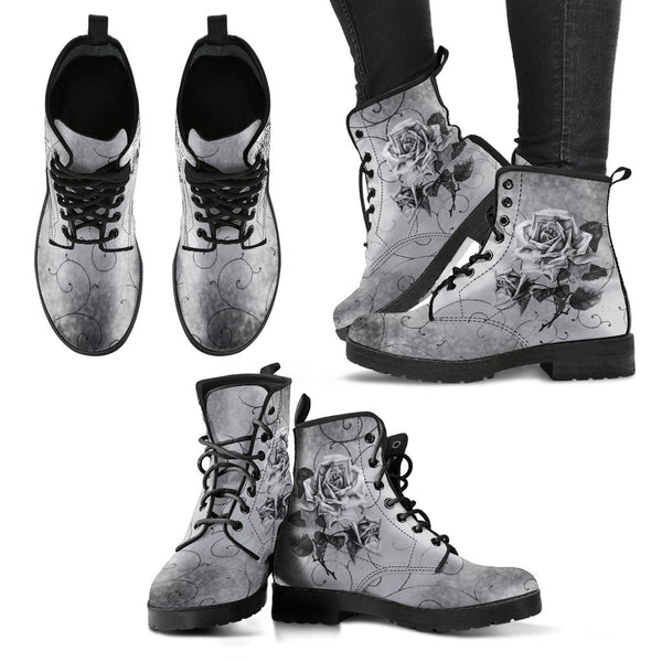 Combat Boots - Vintage Style Black & White Roses | Vegan