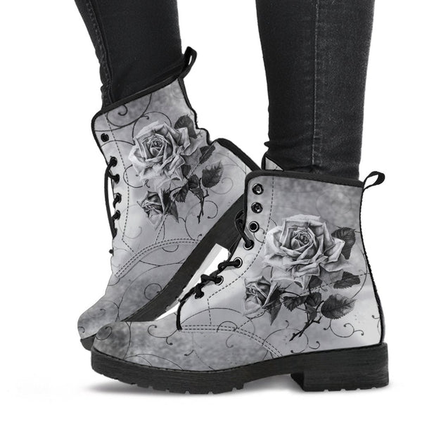 Combat Boots - Vintage Style Black & White Roses | Vegan