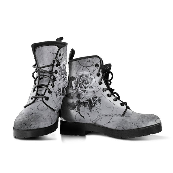 Combat Boots - Vintage Style Black & White Roses | Vegan