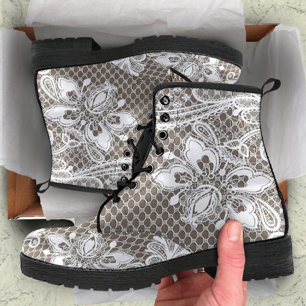 Combat Boots - White Lace Print #201 | Custom Shoes Women’s