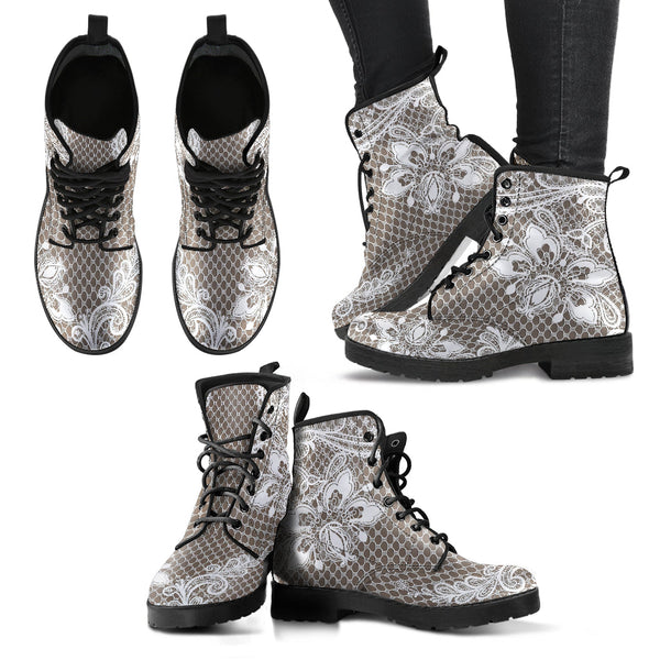 Combat Boots - White Lace Print #201 | Custom Shoes Women’s