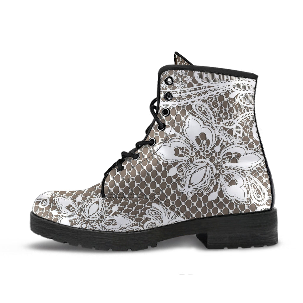 Combat Boots - White Lace Print #201 | Custom Shoes Women’s