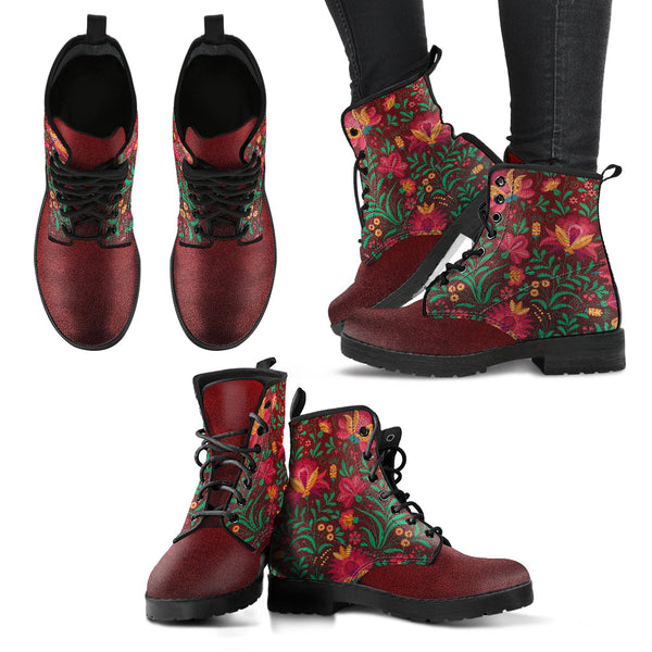 Combat Boots for Women - Floral Pattern Dark Maroon