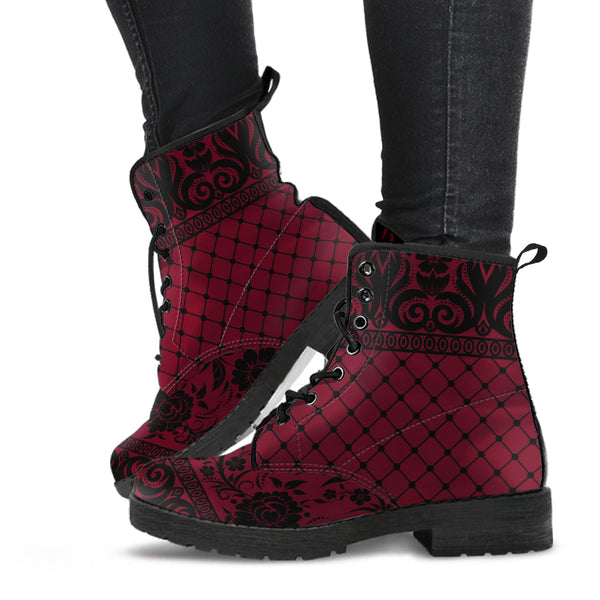 Maroon Combat Boots - Gothic Lace Print #110 | Custom Shoes