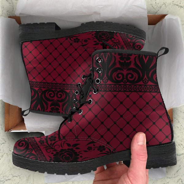 Maroon Combat Boots - Gothic Lace Print #110 | Custom Shoes