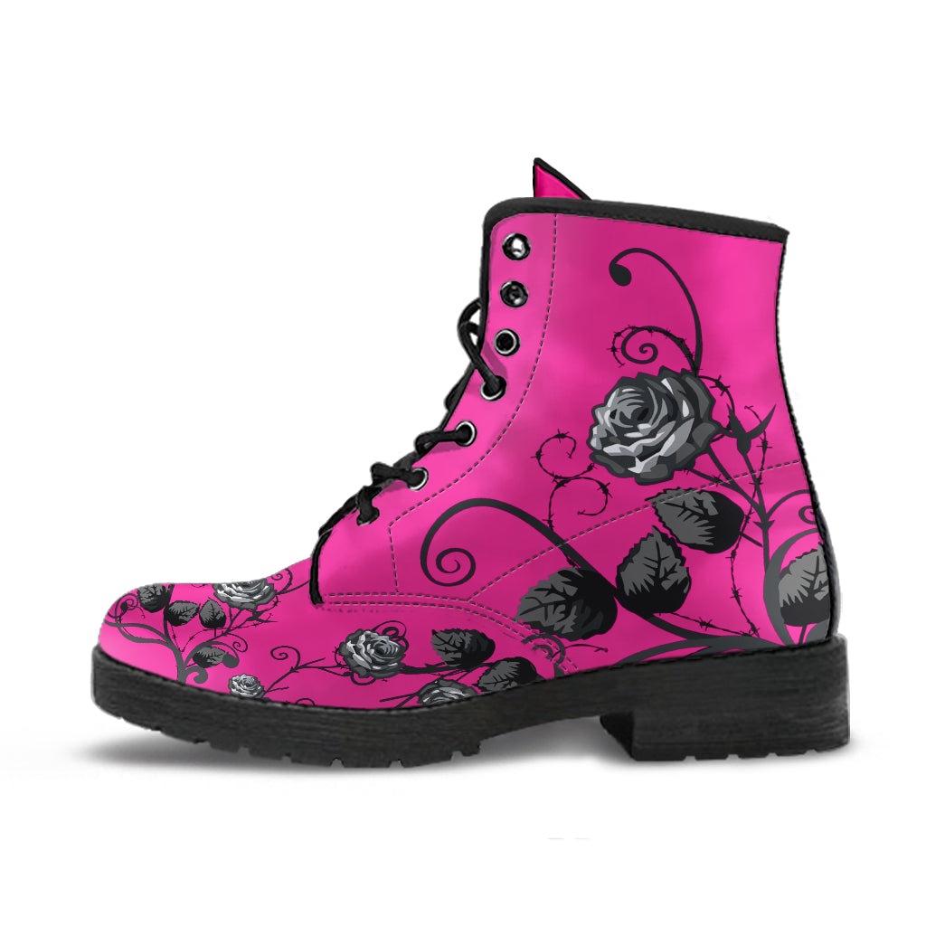 Pink Combat Boots - Gray Roses | Boho Shoes Handmade Vegan