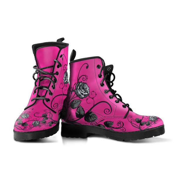 Pink Combat Boots - Gray Roses | Boho Shoes Handmade Vegan