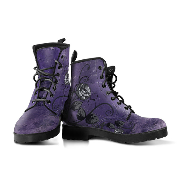 Purple Combat Boots - Gray Roses Dark Grunge Purple| Purple
