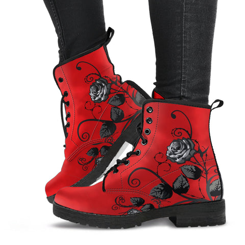 Red Combat Boots - Gray Roses | Red Boots Boho Shoes