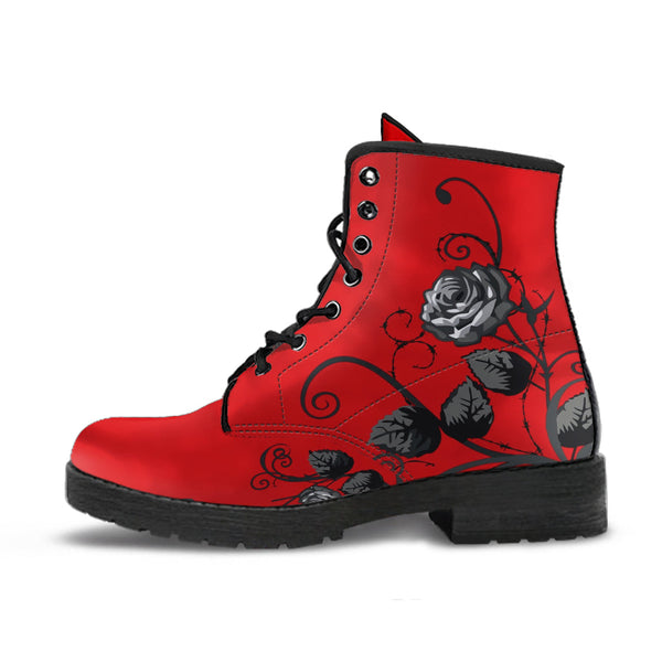 Red Combat Boots - Gray Roses | Red Boots Boho Shoes