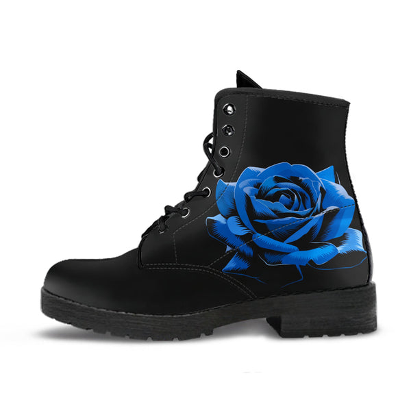 Black Combat Boots - Elegant Blue Roses | Women’s Black
