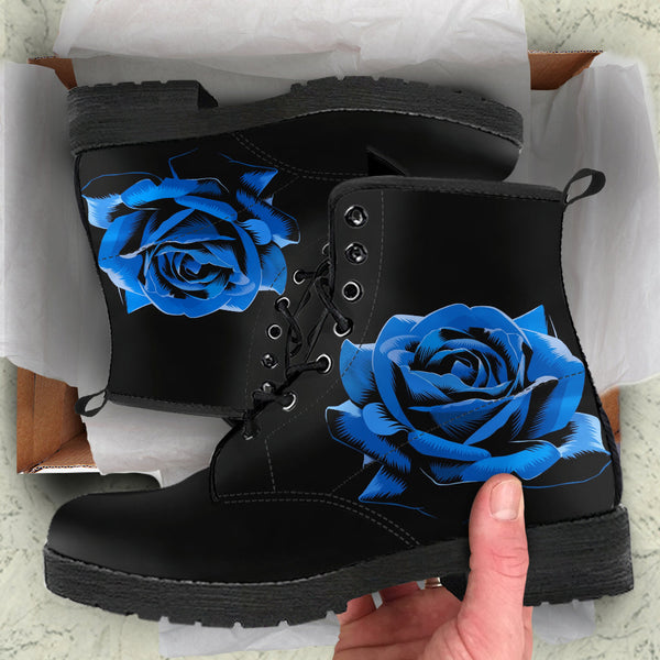 Black Combat Boots - Elegant Blue Roses | Women’s Black