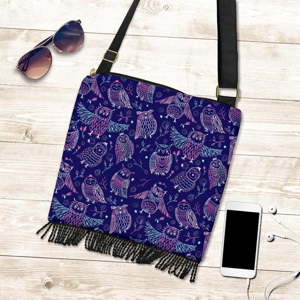 Boho Bag (Canvas) - Purple Owls | Hobo Slouchy Bag