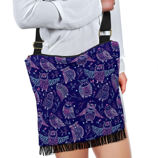 Boho Bag (Canvas) - Purple Owls | Hobo Slouchy Bag Crossbody