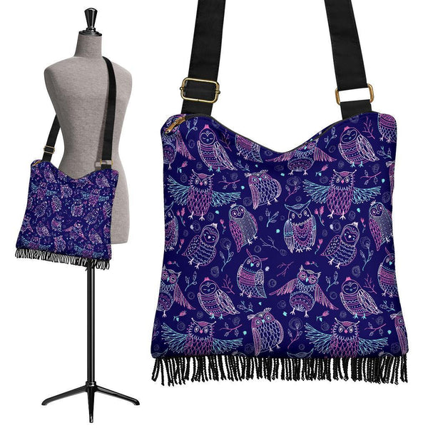 Boho Bag (Canvas) - Purple Owls | Hobo Slouchy Bag