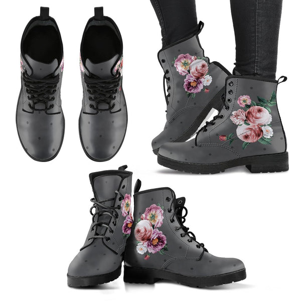 Combat Boots - Beautiful Flowers #12 Gray | Vegan Leather 