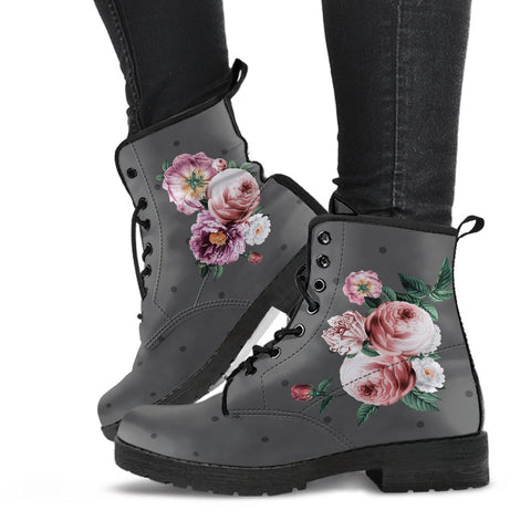 Combat Boots - Beautiful Flowers #12 Gray | Vegan Leather 