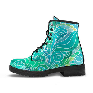 Combat Boots - Beautiful Green Doodle | Vegan Leather Lace 