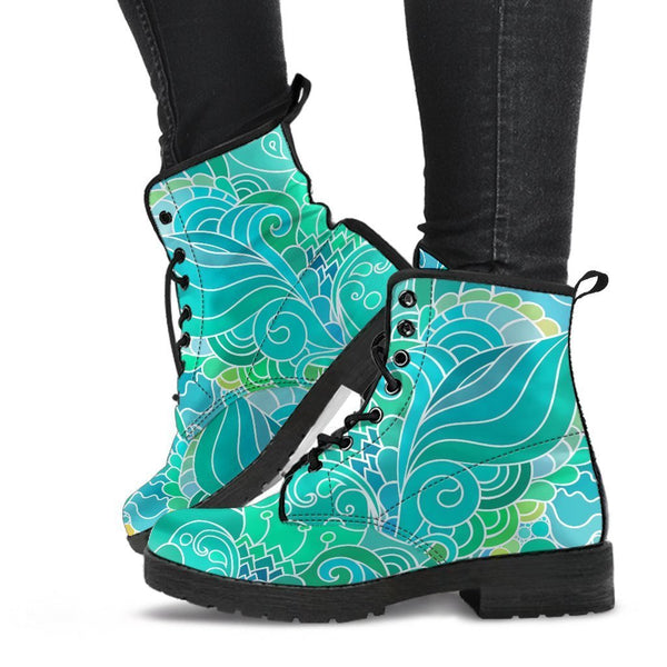 Combat Boots - Beautiful Green Doodle | Vegan Leather Lace 