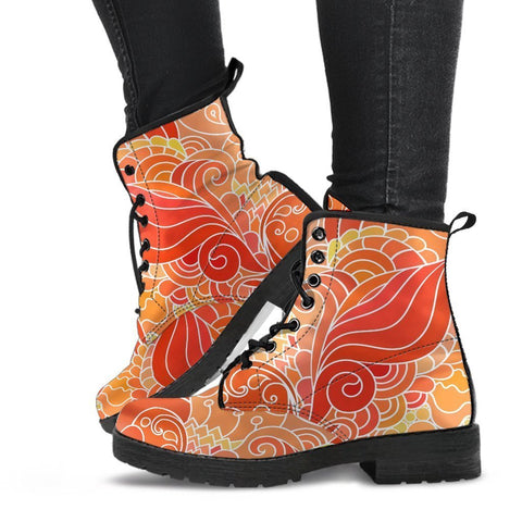 Combat Boots - Beautiful Orange Doodle | Vegan Leather Lace 