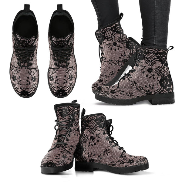 Combat Boots - Black Lace Print Design | Boho Shoes Vegan 