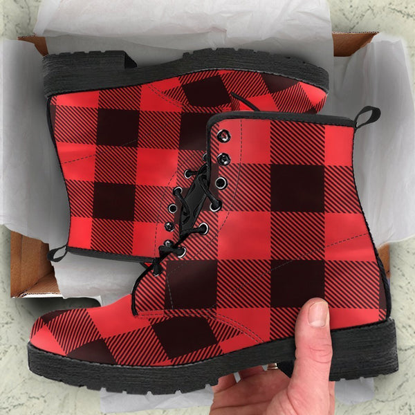 Combat Boots - Black & Red Plaid Boots | Red Boots Handmade 