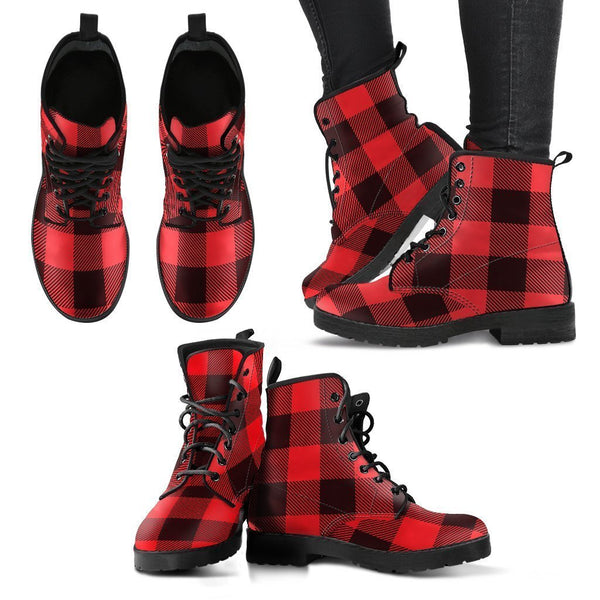 Combat Boots - Black & Red Plaid Boots | Red Boots Handmade 