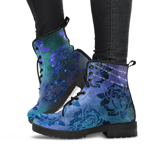 Combat Boots - Blue Green Boots with Roses | Custom Shoes 