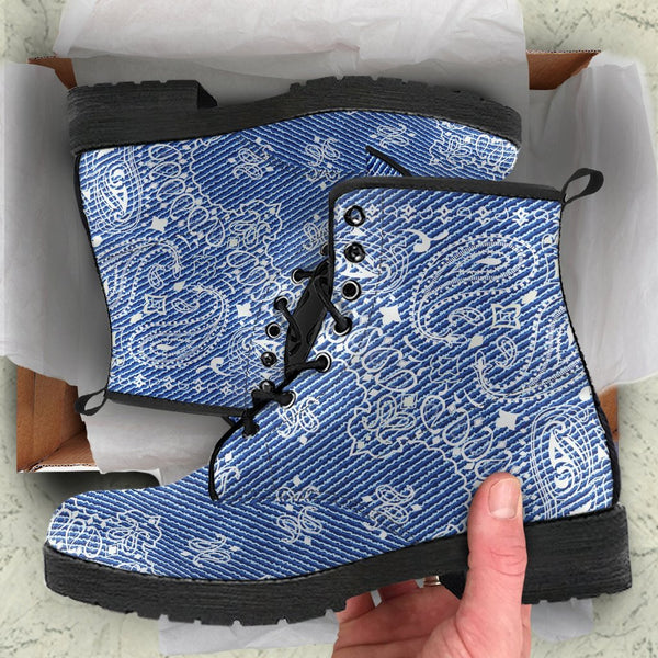 Combat Boots - Blue Paisley | Boho Shoes Handmade Lace Up 