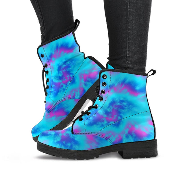 Combat Boots - Blue Tie Dye Design | Vegan Leather Lace Up