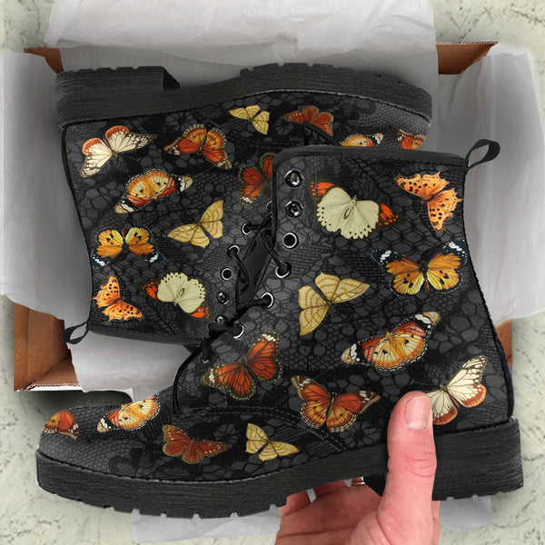 Combat Boots - Butterfly Shoes #102 Vintage Black Lace Print