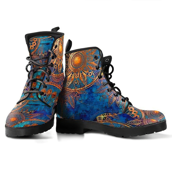 Combat Boots for Women - Blue Gold Boots with Grunge Mandala