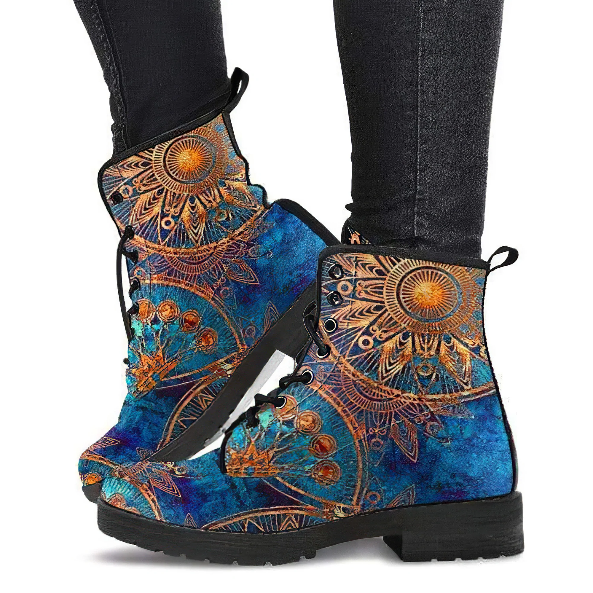 Combat Boots for Women - Blue Gold Boots with Grunge Mandala